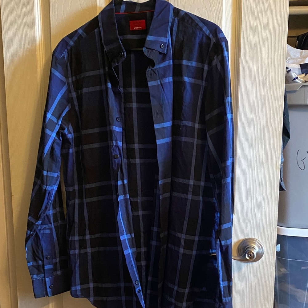 Alfani Slim Fit Stretch Plaid Shirt in Black and Blue with Red Label